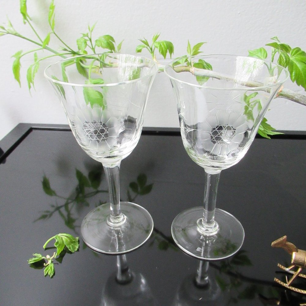 2 engraved liquor glasses Cornflower by WJ Hughes, 1960s